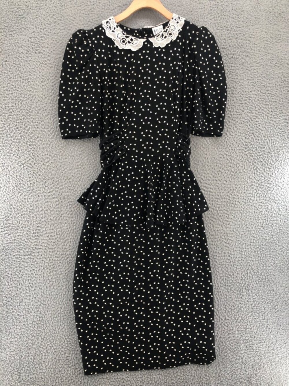 Vintage 80s Dress Womens 14 Black Polka Dot Floral Midi Elbow Puff Sleeve Peplum